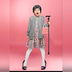 Old Lady Costume 100 Days of School Granny Wig Dress Sz 8-10Y missing necklace